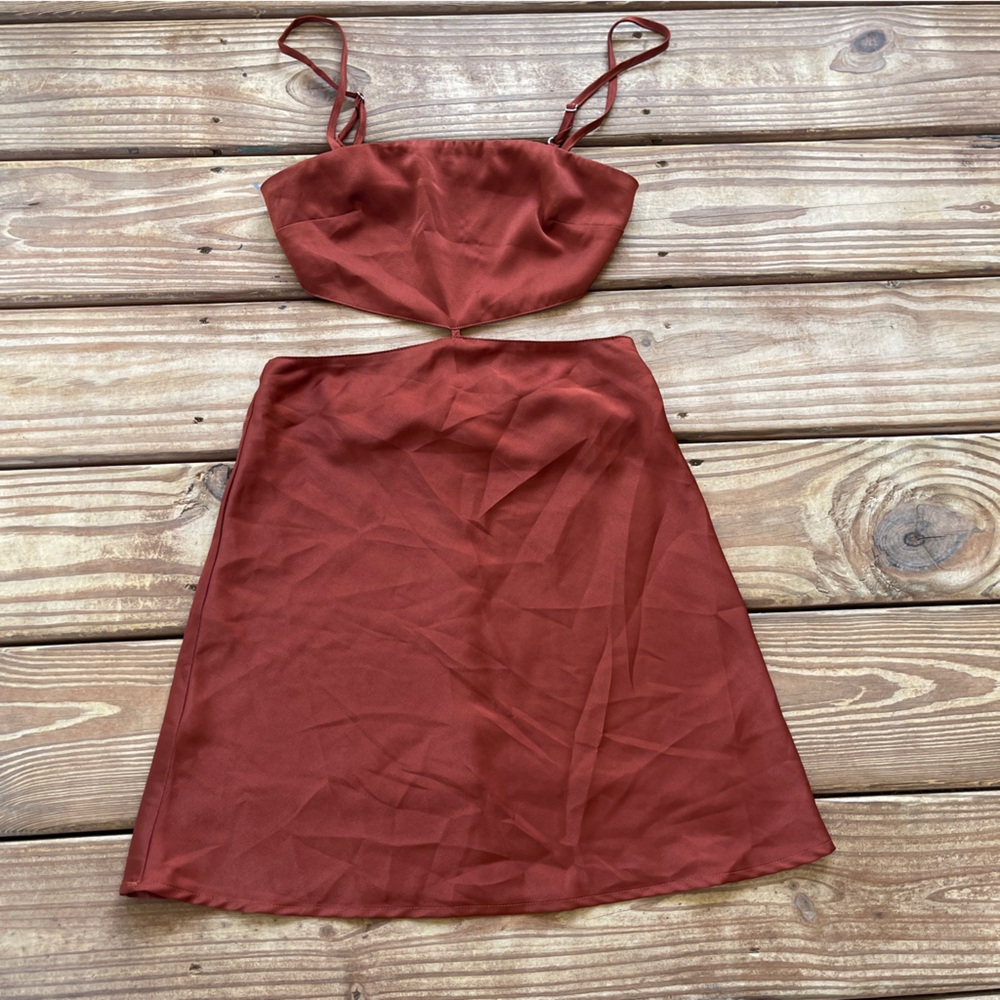 Victoria + Sophia Satin Cutout Mini Dress in Rust Brown | Size Small